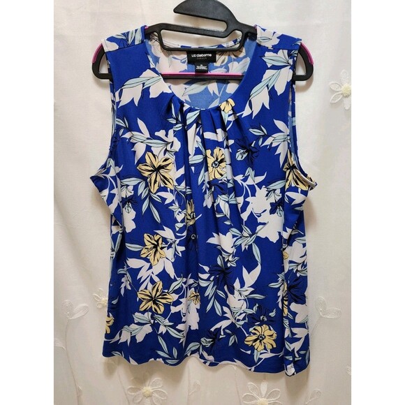 LIZ CLAIBORNE CAREER WOMENS XL BLUE FLORAL TROPICAL SLEEVELESS BLOUSE HAWAIIAN - Picture 1 of 10